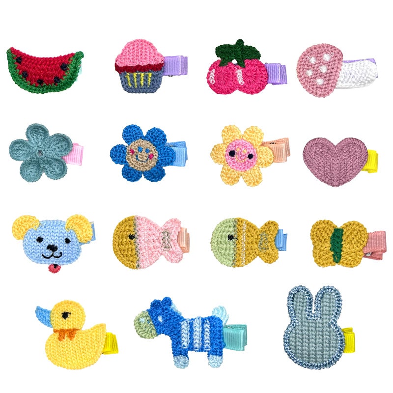 RIMOBUL 15 Pieces Girl Hair Clips Cute Barrettes Crocheted Hair Accessories Flower Fruit Animal Pattern Hair Clip Ice Cream Hair Clip for Girl,Heart Hairpins,Assorted Styles - Image 1